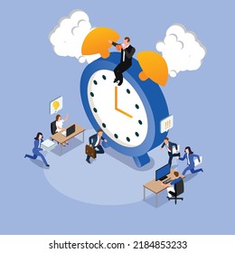 Boss sitting on a clock shouting to his company. employees run around feeling stressed