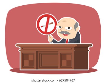 boss sitting on work desk holding no smoking sign 