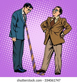 Boss and subordinate business concept pop art retro style. The humiliation of the pride of emotions. Hard work