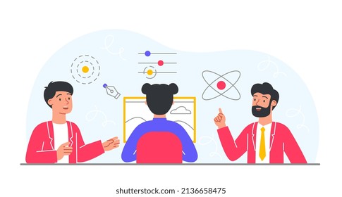 Boss with subordinates. Girl listens to advice from her employees, discussion. Brainstorming and creative characters. Freelancer and designer analyzing pictures. Cartoon flat vector illustration