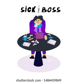 Boss suffering from a cold in the office. Sick man.