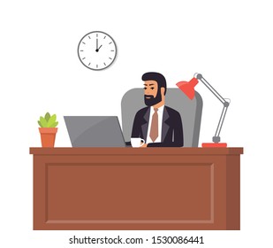 Boss in suit working on laptop. Man in office. Table, chair, potted plant, clock and lamp. Office interior. Vector illustration