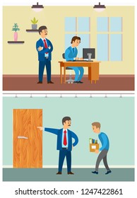 Boss supervising novice, working on office computer vector. Director in bad mood firing person, employed with unemployed man carrying carton boxes
