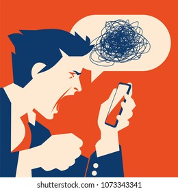 Boss swears through phone. Angry businessman Holding mobile phone with bubble and noise. flat vector illustration, poster or banner.