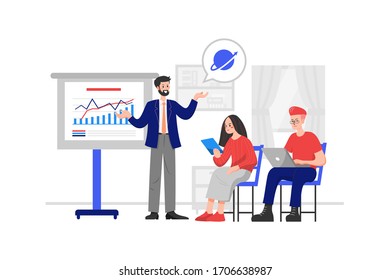 Boss is talking about global marketing strategy and is analyzing line charts for 2 employees
