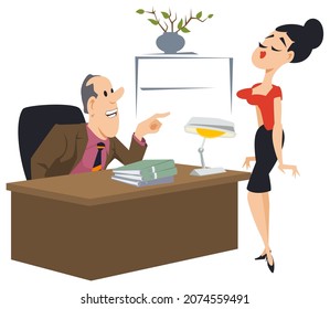 Boss talks to subordinate. Businessmen in work setting. Employees in office. Illustration concept for mobile website and internet development.