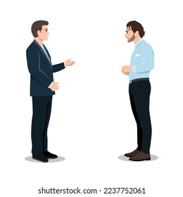 The boss talks at the subordinate in connection with falling of sales. The chief shouts. Angry boss character scream. Vector illustration. boss dismisses subordinate