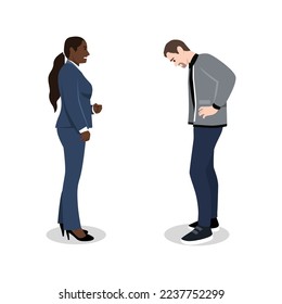 The boss talks at the subordinate in connection with falling of sales. The chief shouts. Angry boss character scream. Vector illustration. boss dismisses subordinate