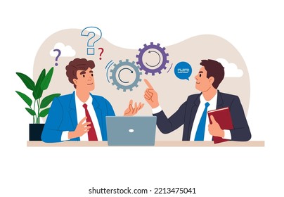 Boss teaches subordinate how to use computer. Modern technologies and error correction in program, help and support, education. Flat vector illustration.