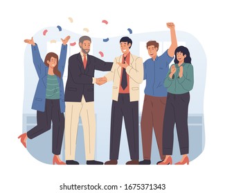 Boss and team congratulating successful employee