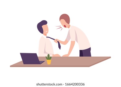 Boss Threatening and Yelling to Male Office Worker, Frightened Employee Shocked by Furious Manager, Stressful Working Environment Flat Vector Illustration