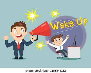 Boss told fatigue asleep office worker wake up, illustration vector cartoon
