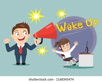 Boss told fatigue asleep office female worker wake up, illustration vector cartoon
