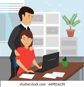 Boss Touching The Arm To Shoulders Of His Secretary At Office. Scared Woman. Sexual Harassment In Workplace Concept Illustration Vector.
