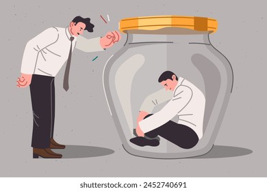 Boss is trying help and support upset man sitting in jar due to alienation from colleagues and lack of corporate culture. Manager provides psychological assistance or support to company employees