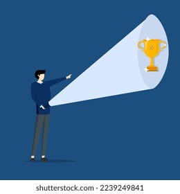 the boss uses the flashlight to find the trophy of success. employees find career success, help and guide to find potential and achieve achievement concept.