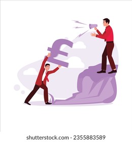 The boss uses a megaphone from the cliff, shouting at employees who walk up carrying the symbol of British found money. Trend Modern vector flat illustration