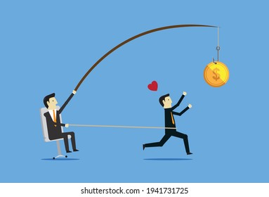 Boss uses money to lure hard workers, Vector illustration in flat style