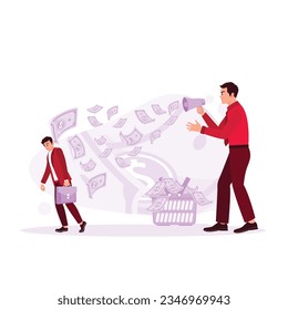 Boss using megaphone yelling at his employees by spouting dollar bills, Manager with a megaphone. Trend Modern vector flat illustration