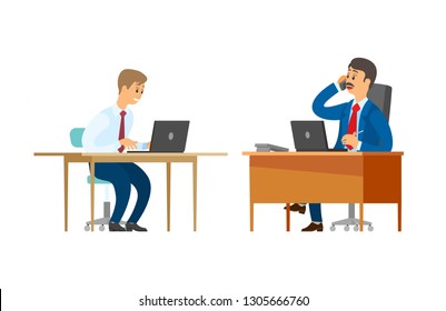 Boss vector, chief executive talking on phone in office. Male sitting by table, employee and employer. Worker with laptop developing project data