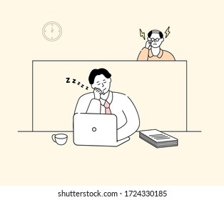 A boss watching a dozing businessman. illustration set. chin, sleepy, get caught, drool. Vector drawing. Hand drawn style.