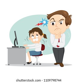 Boss watching at his work female employee, illustration vector cartoon