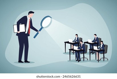 Boss is watching over employee. KPI assessment, promotion concept. Business vector illustration.