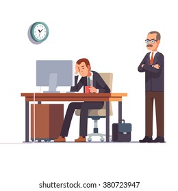 Boss watching over shoulder of a sleeping at work employee. Tired business man. Flat style modern vector illustration.