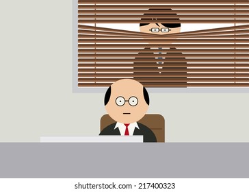 Boss watching through blinds.Stressful situation in office.