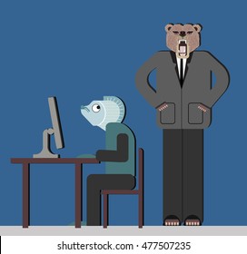 Boss watching at work employee. Tired business man.Bear and fish