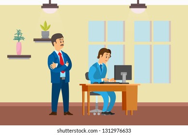 Boss Watching Working Process Of Novice Worker Vector. Office Interior With Decoration Plants And Window. Employer And Employee On First Day On Job