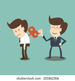Boss wind up key In His  back businessman 