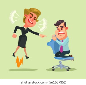 Boss woman character yells at employee man. Vector flat cartoon illustration