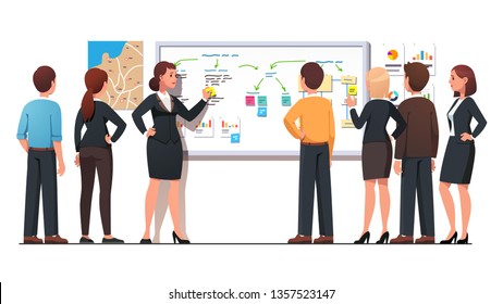 Boss woman explaining business regional marketing strategy to employees group using diagrams, notes on whiteboard. Staff planner meeting. Leader planning strategy. Flat vector character illustration