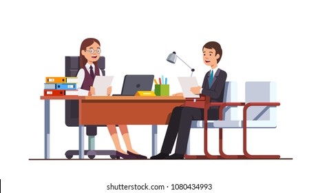 Boss woman holding CV or HR manager meeting job applicant man in director office. Employment candidate having job position evaluation interview. Business interior design flat vector illustration