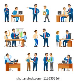 Boss and workers activities in office set of isolated icons vector. Male chief executive fire employees and praising them. Business meeting discussion