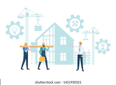 Boss with workers vector, man looking at employees, designer with people wearing helmets,crane lifting heavy blocks and bricks, house construction