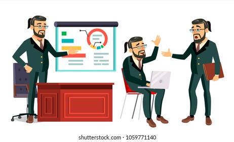 Boss Working Character Vector. Working Bearded Male. Modern Office Workplace. Animation Work. Cartoon Business Illustration
