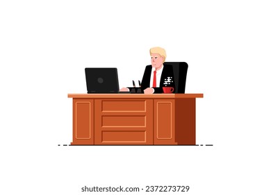 Boss working at desk with laptop on isolated background, Vector illustration.