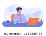 Boss working in his office. Manager sitting at desk with laptop and talking on phone. Vector illustration for business, workplace, communication concept