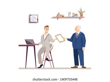 Boss working at office flat illustration. Businessman, entrepreneur with personal assistant cartoon characters. Project manager, employer, leader. Director, CEO. Workplace, workspace concept