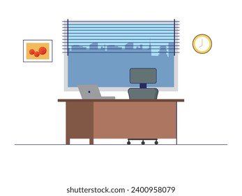 Boss workspace in the office, interior of the room in the company. Character design. Vector flat illustration