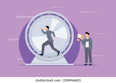 Boss yelling at businessman in hamster wheel 2d vector illustration concept for banner, website, illustration, landing page, flyer, etc