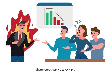 boss yelling at employees for bad business results. Mass layoff, failure of team. Angry man quarrel at specialists.