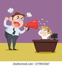 Boss Yelling At His Female Employee At Office Desk, Illustration Vector Cartoon