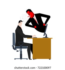 Boss yelling manager. director monitors work. Office life. Businessman screaming at subordinate. Desktop at computer. Vector illustration