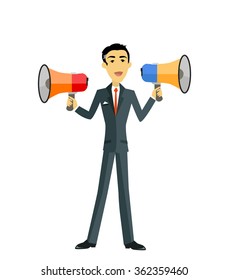 Boss yells into two megaphone. Leadership announcement. Vector illustration