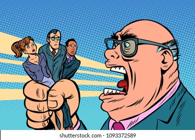 Boss yells at subordinates. Comic book cartoon pop art retro illustration