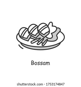 Bossam icon. Traditional korean dish outline sign on white. Asian food of wrapped boiled pork with dipping sauces in lettuce leaf. Korean cuisine concept. Thin line vector illustration.Editable stroke