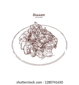 Bossam, Tredition korea food. Boiled pork with fresh kimchi.
Hand draw sketch vector.